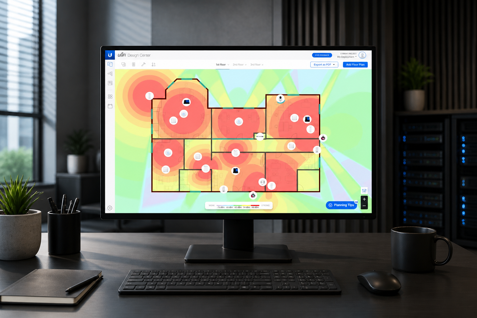 Predictive Wi-Fi coverage planning shown on a professional engineering workstation