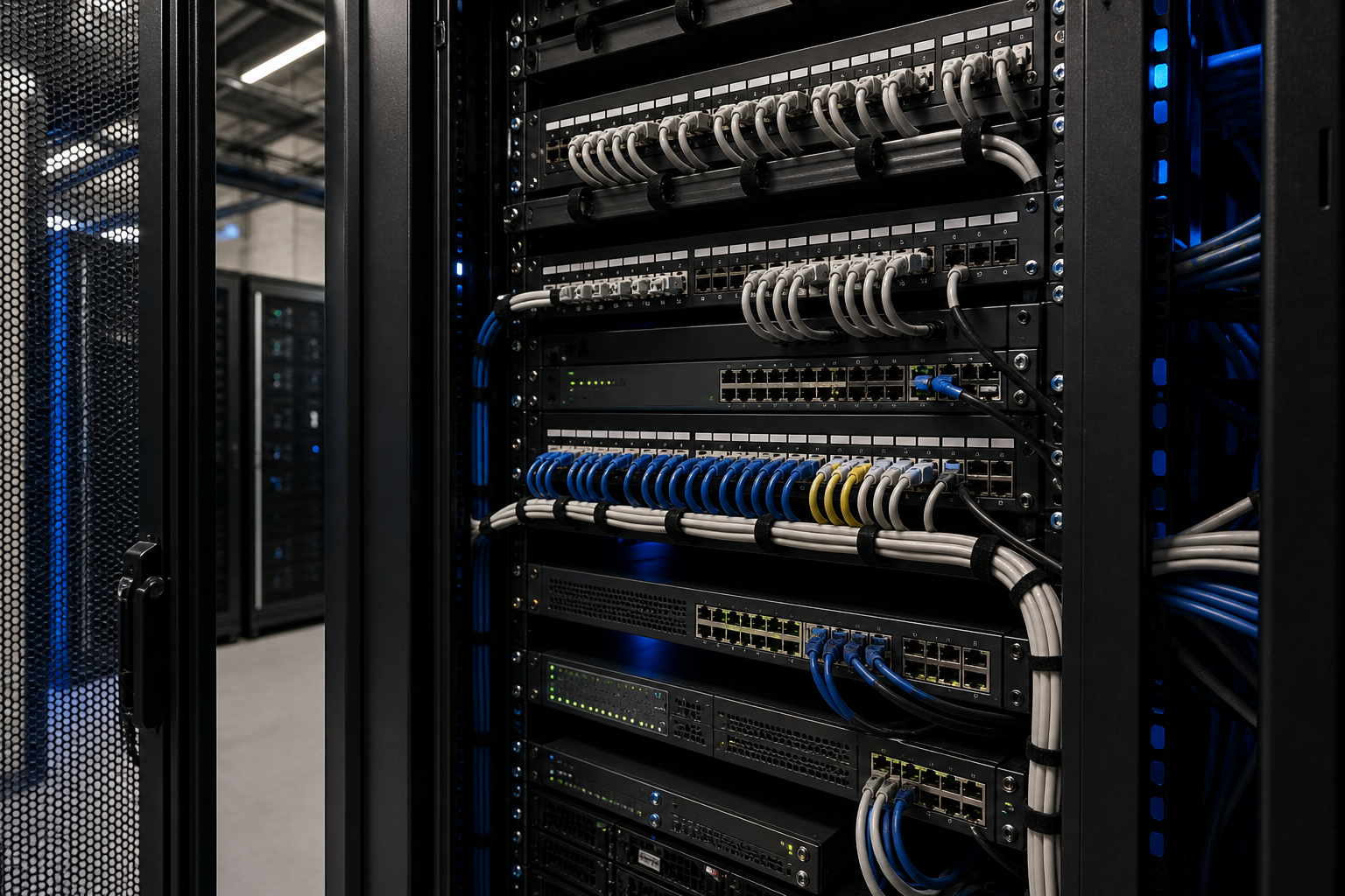 Structured network rack with patch panels, managed switching and organized Ethernet cabling