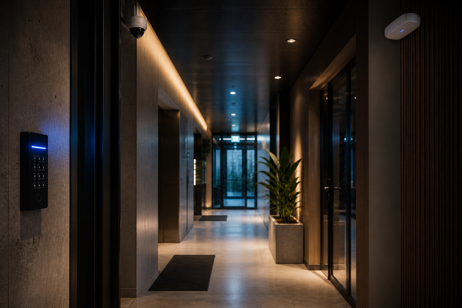 Modern building corridor with integrated access control, surveillance and wireless network infrastructure